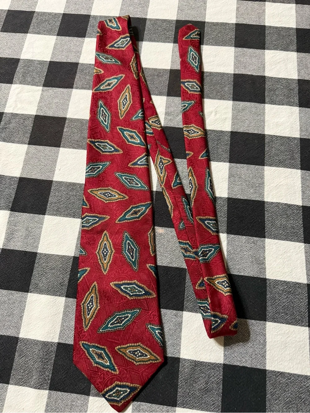 bill blass Red Tie with Teal and Gold Diamond Motifs